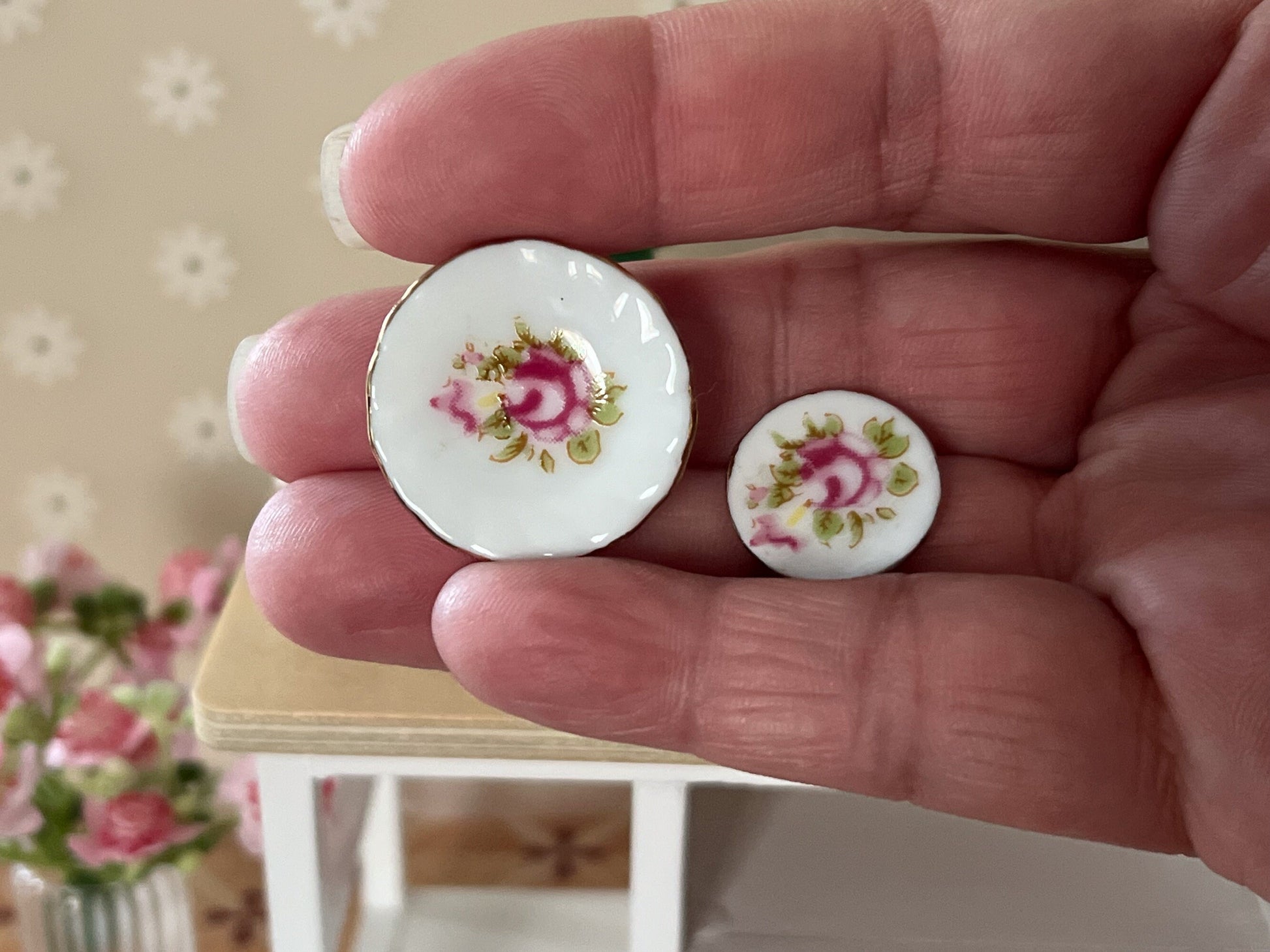 Miniature Tea Set 1:12 Scale – 17-Piece Dollhouse Porcelain Rose & Gold Trim Teatime Set __etsy:5615155764