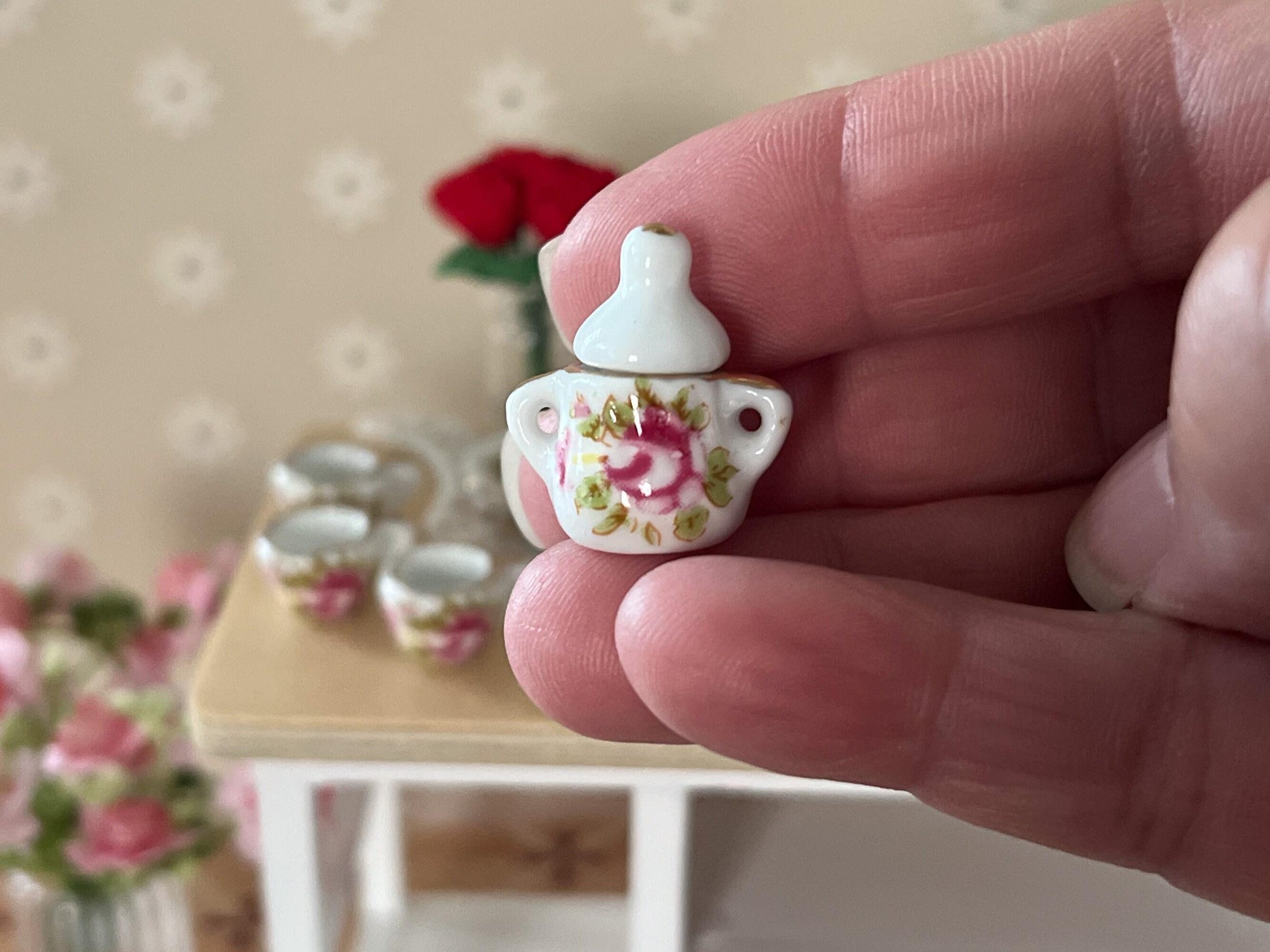 Miniature Tea Set 1:12 Scale – 17-Piece Dollhouse Porcelain Rose & Gold Trim Teatime Set __etsy:6865139736