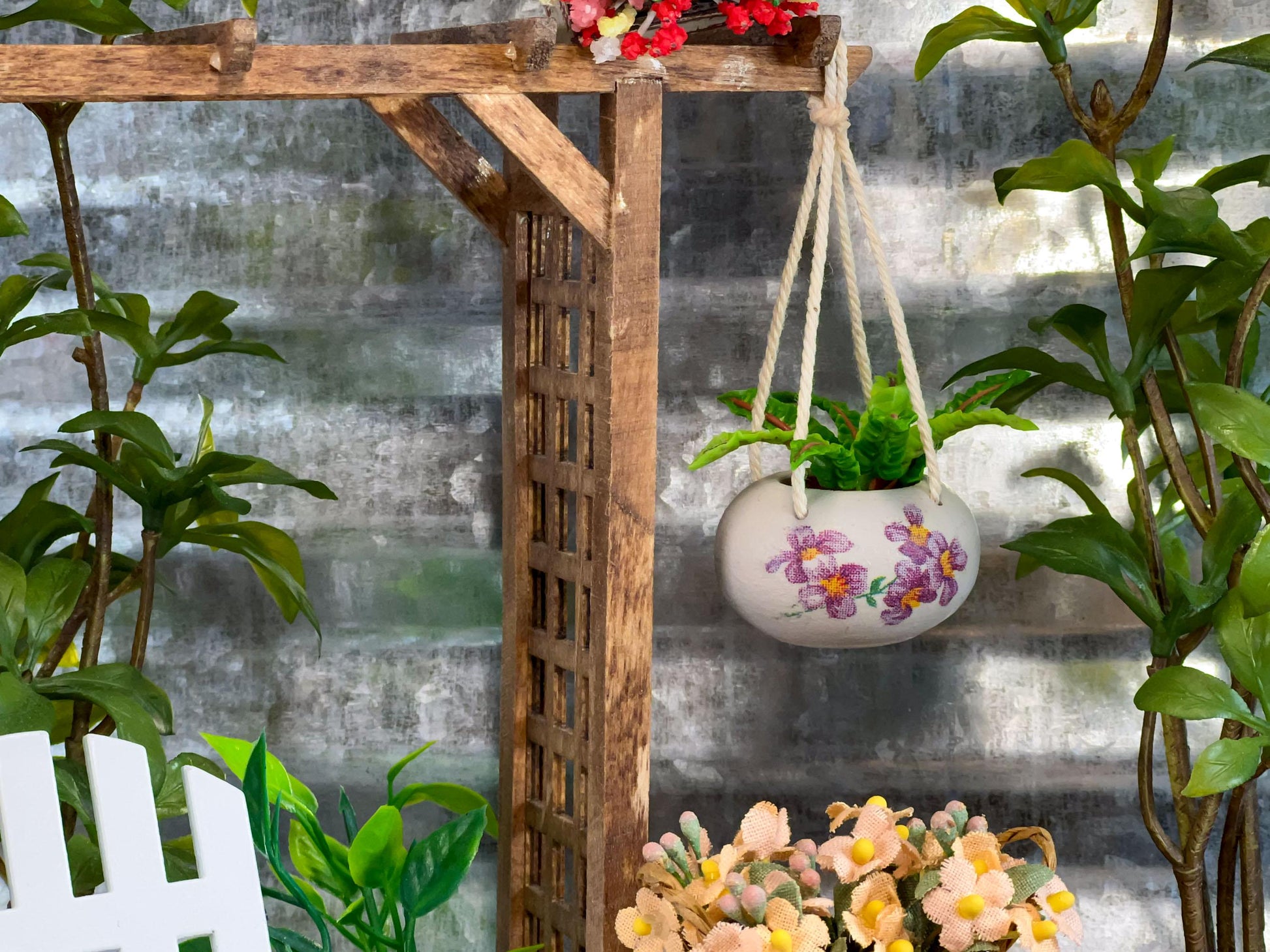 Miniature Terracotta Hanging Planter with Fern – 1:12 Scale - Dollhouse Outdoor Indoor Decor __etsy:7706558041