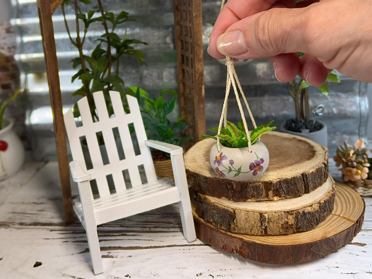 Miniature Terracotta Hanging Planter with Fern – 1:12 Scale - Dollhouse Outdoor Indoor Decor __etsy:7658603448