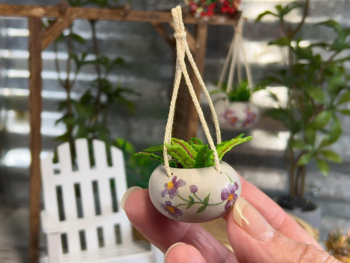 Miniature Terracotta Hanging Planter with Fern – 1:12 Scale - Dollhouse Outdoor Indoor Decor __etsy:7658603462