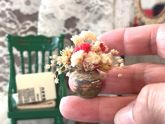 Miniature Terracotta Planter 1:12 Scale, Dollhouse Rustic Decor with Dried Flowers __etsy:7835800231