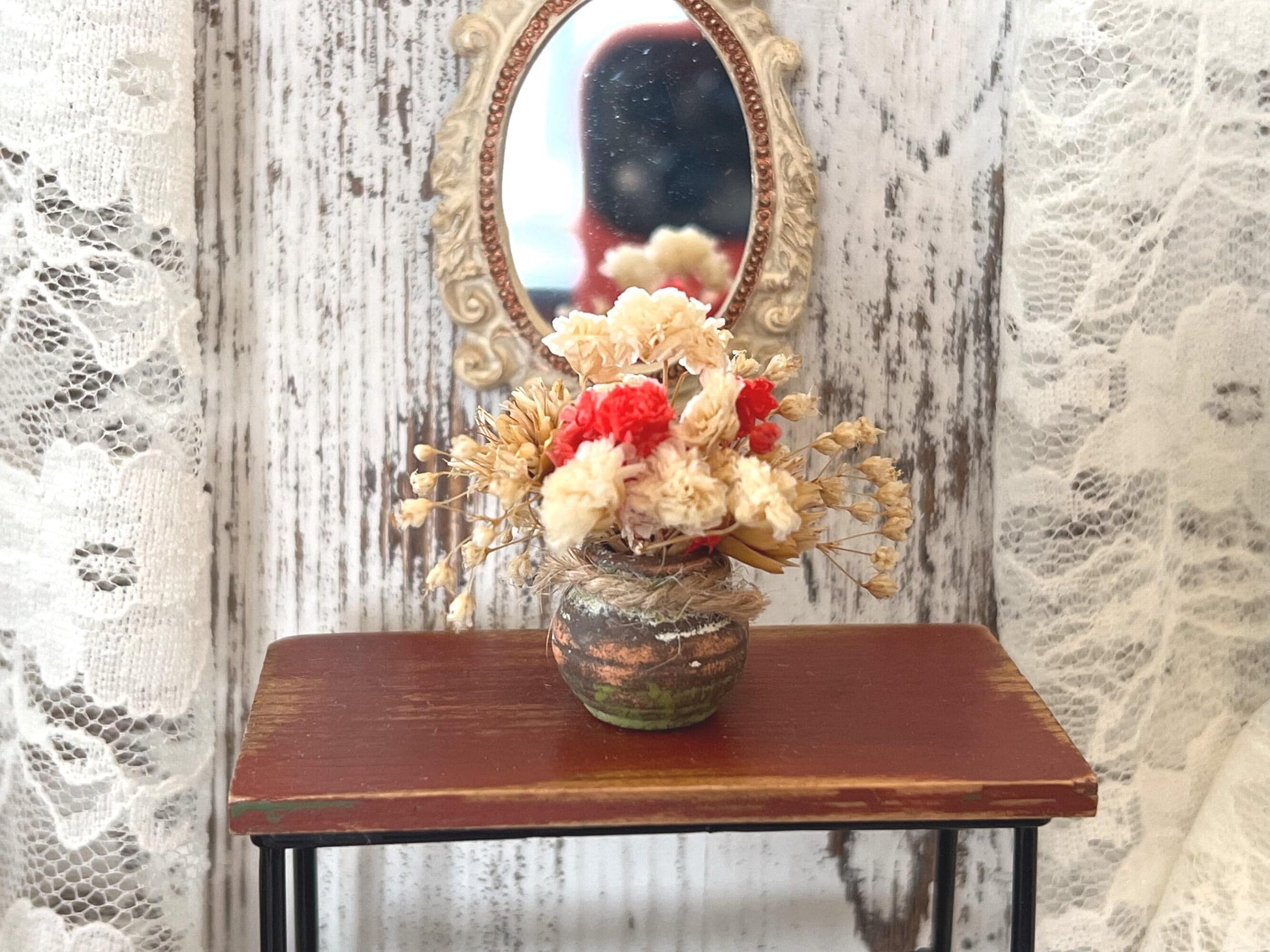 Miniature Terracotta Planter 1:12 Scale, Dollhouse Rustic Decor with Dried Flowers __etsy:7787867238