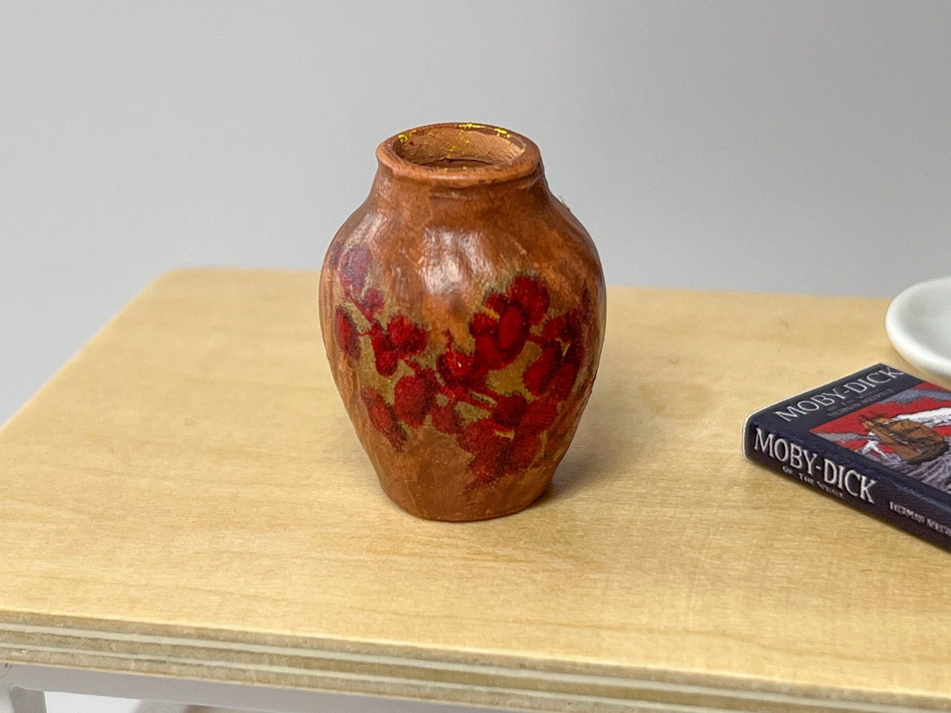 Miniature Terracotta Vase 1:12 Scale, Dollhouse Vase with Red Decoupage & Dried Flowers __etsy:5510851646