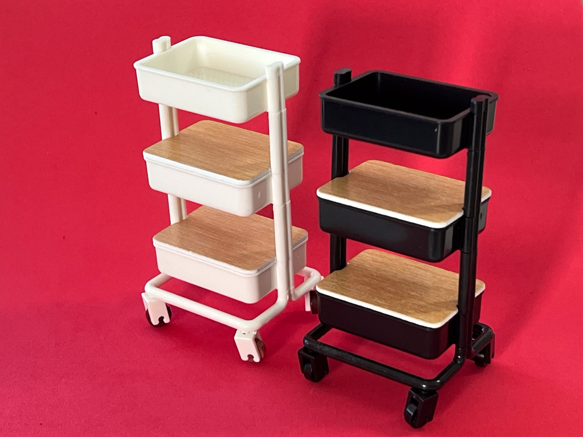 Miniature 3-Tier Trolley – 1:12 Scale - Black or White – Dollhouse Storage with Rolling Wheels __etsy:5900546098