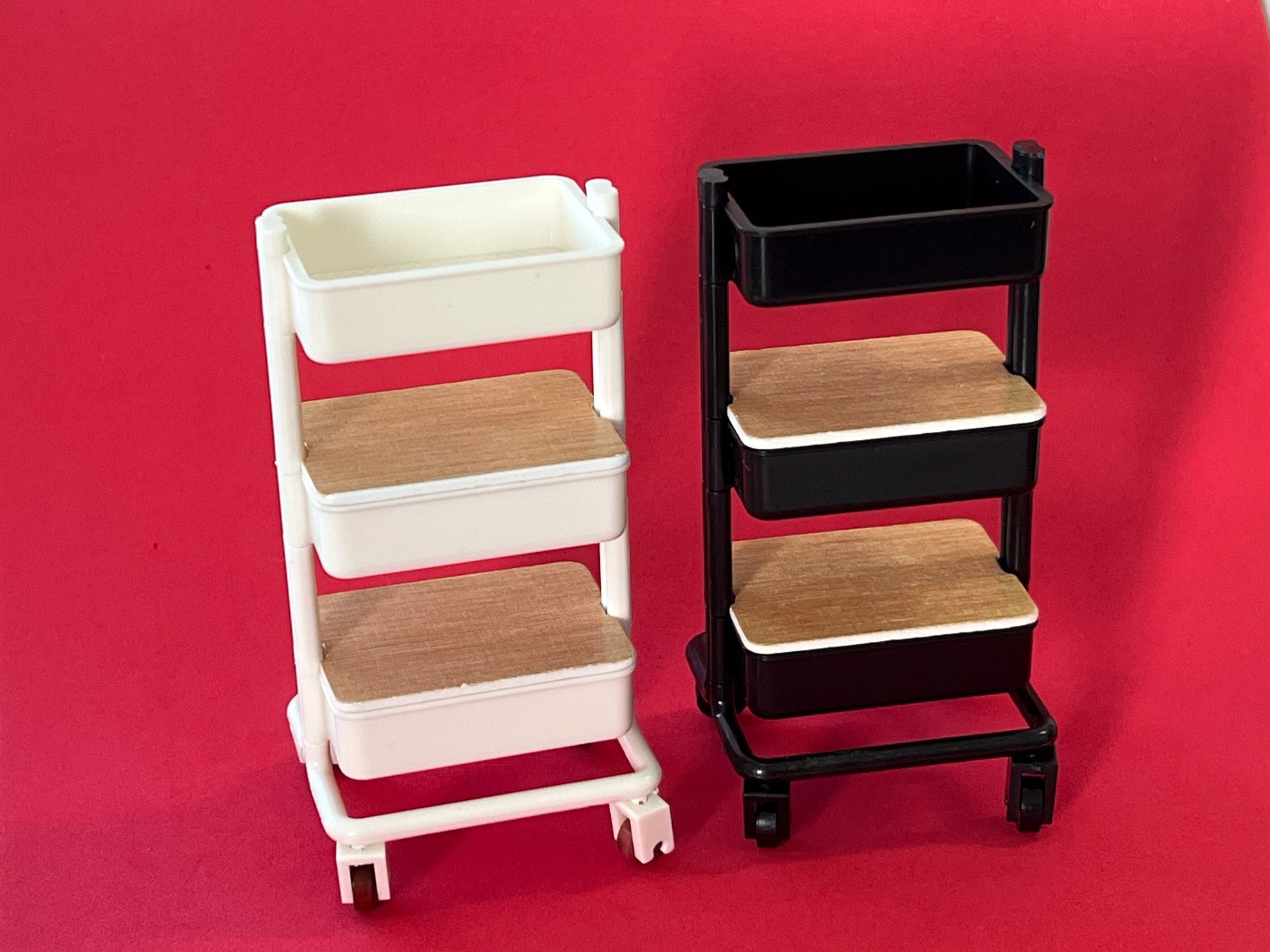 Miniature 3-Tier Trolley – 1:12 Scale - Black or White – Dollhouse Storage with Rolling Wheels __etsy:5948627277