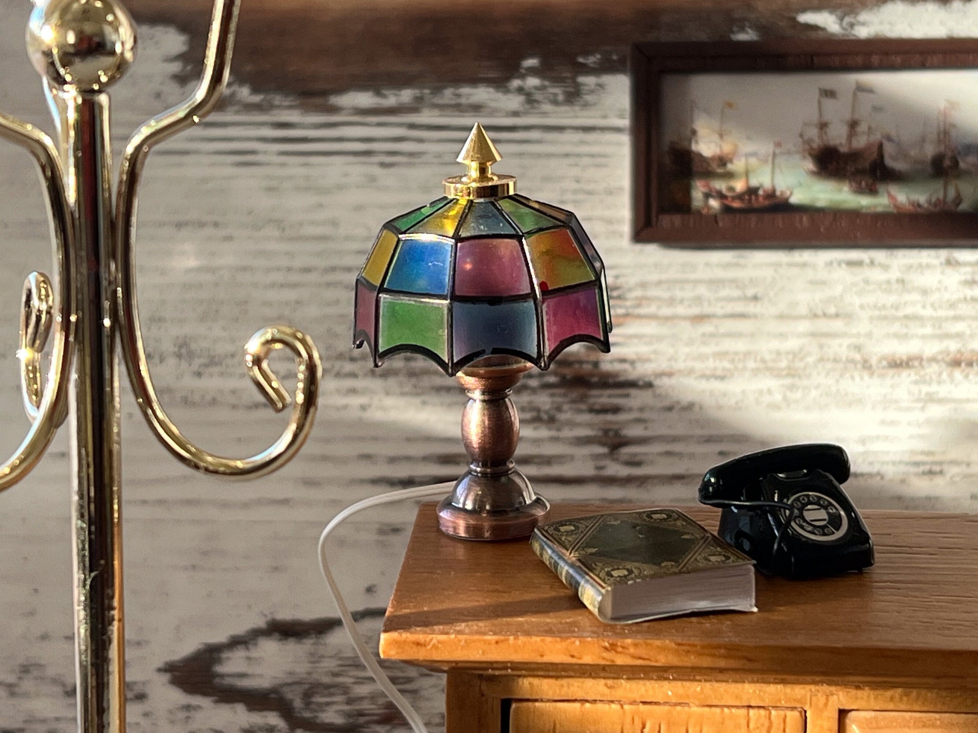 Miniature Tiffany Lamp LED 1:12 Scale - Dollhouse Bronze Metal Lamp Lighting __etsy:5560134767