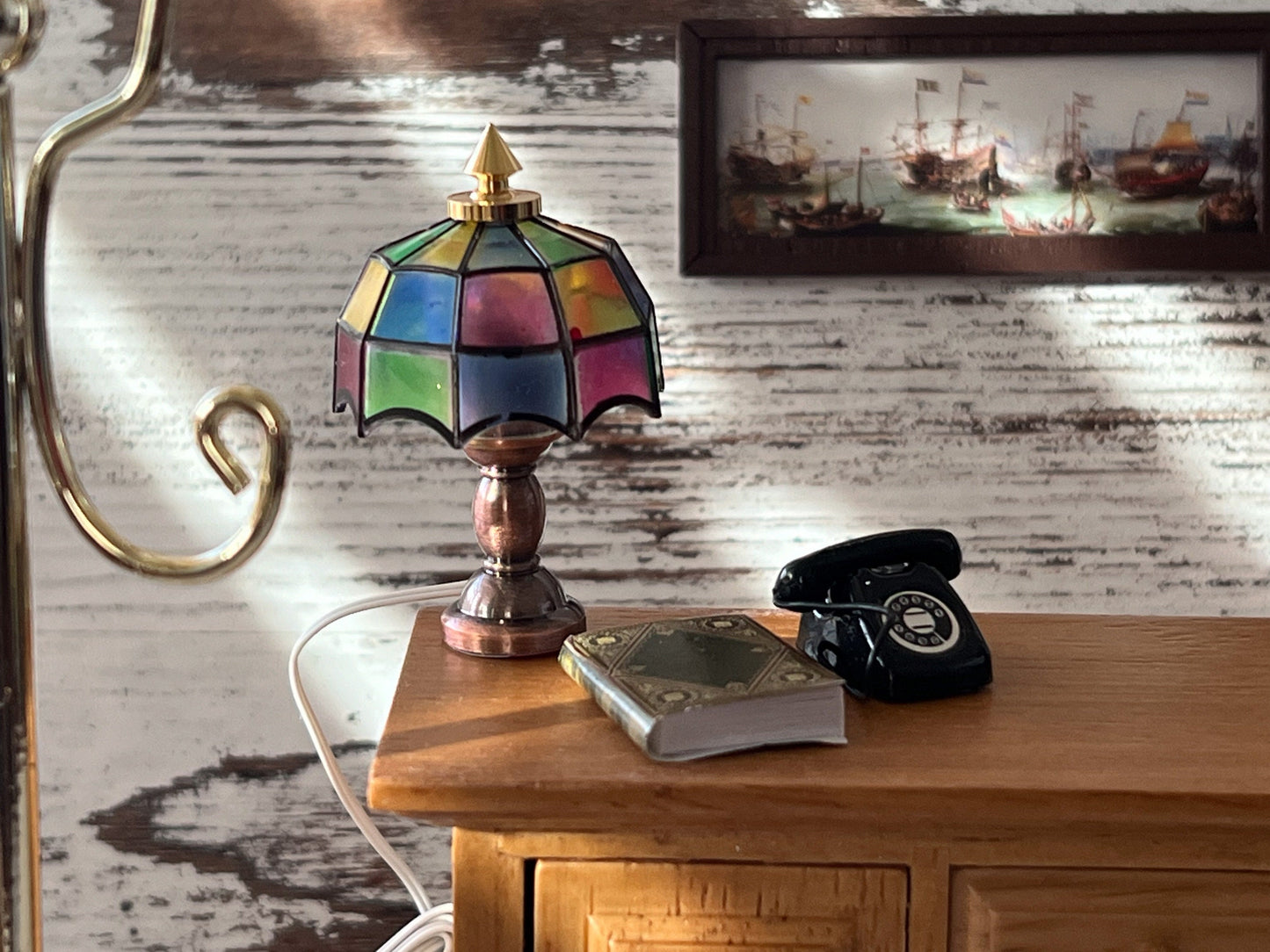 Miniature Tiffany Lamp LED 1:12 Scale - Dollhouse Bronze Metal Lamp Lighting __etsy:5512015046