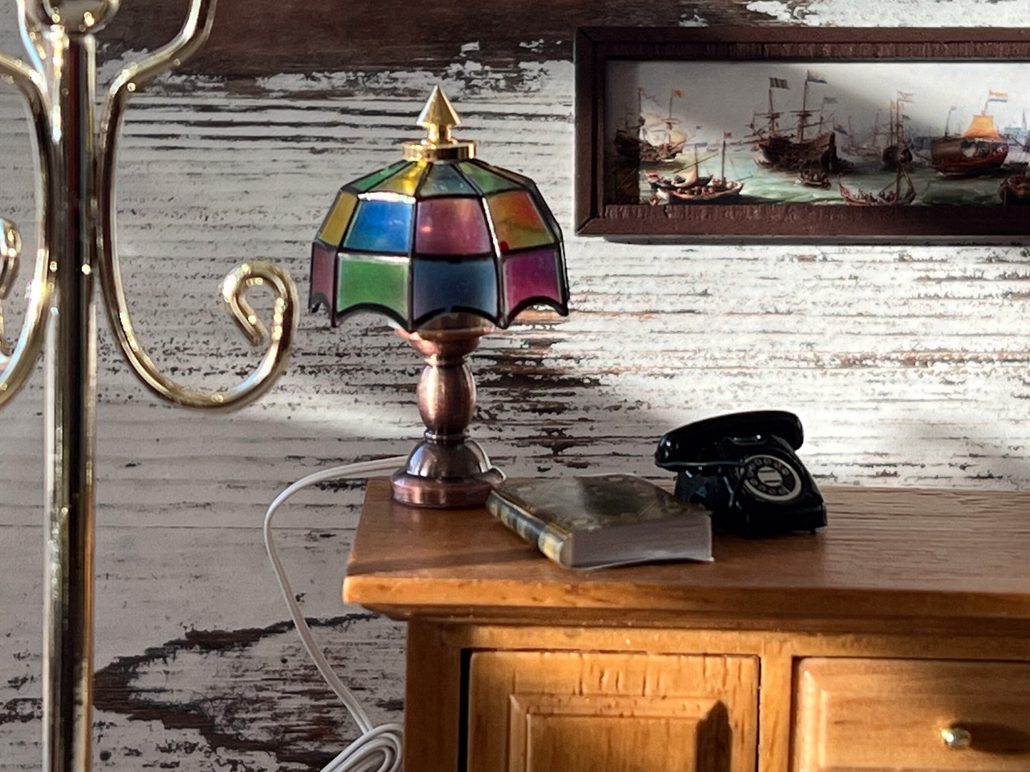 Miniature Tiffany Lamp LED 1:12 Scale - Dollhouse Bronze Metal Lamp Lighting __etsy:5512015044