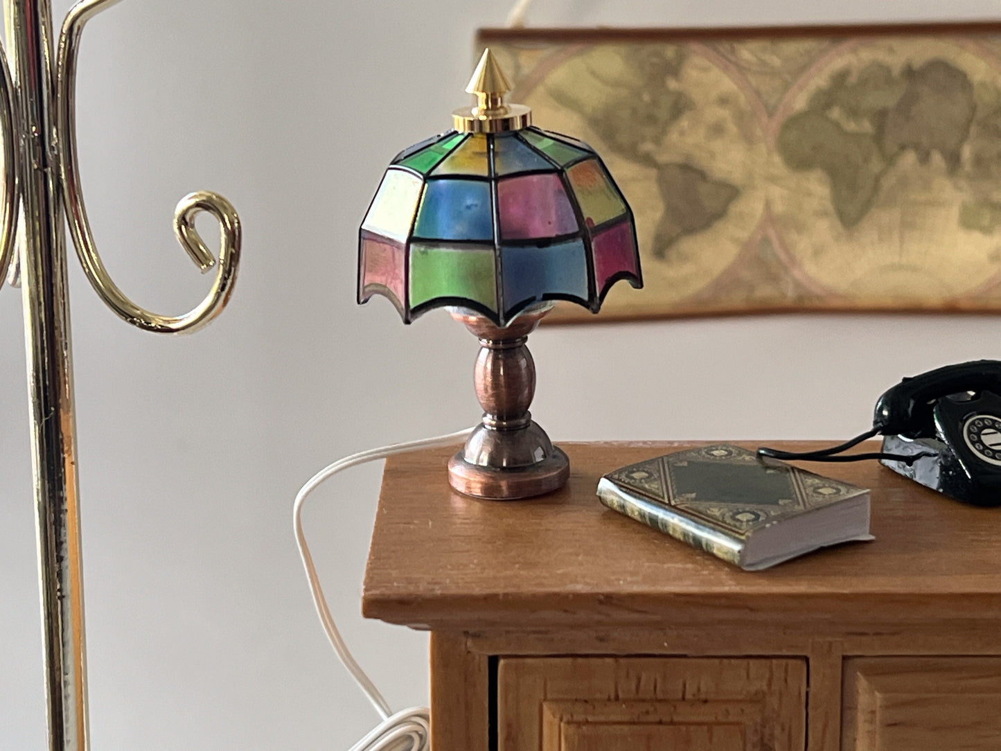 Miniature Tiffany Lamp LED 1:12 Scale - Dollhouse Bronze Metal Lamp Lighting __etsy:5560134865