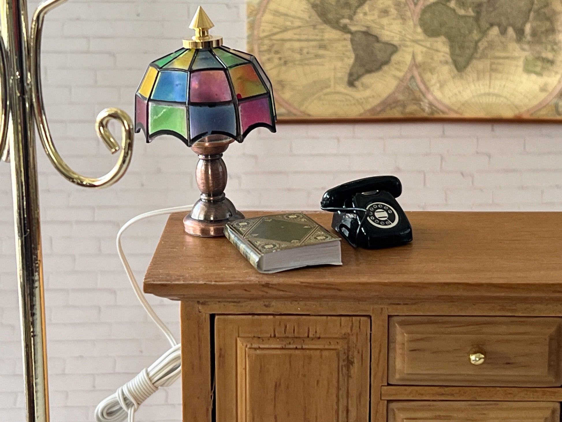 Miniature Tiffany Lamp LED 1:12 Scale - Dollhouse Bronze Metal Lamp Lighting __etsy:5512015218