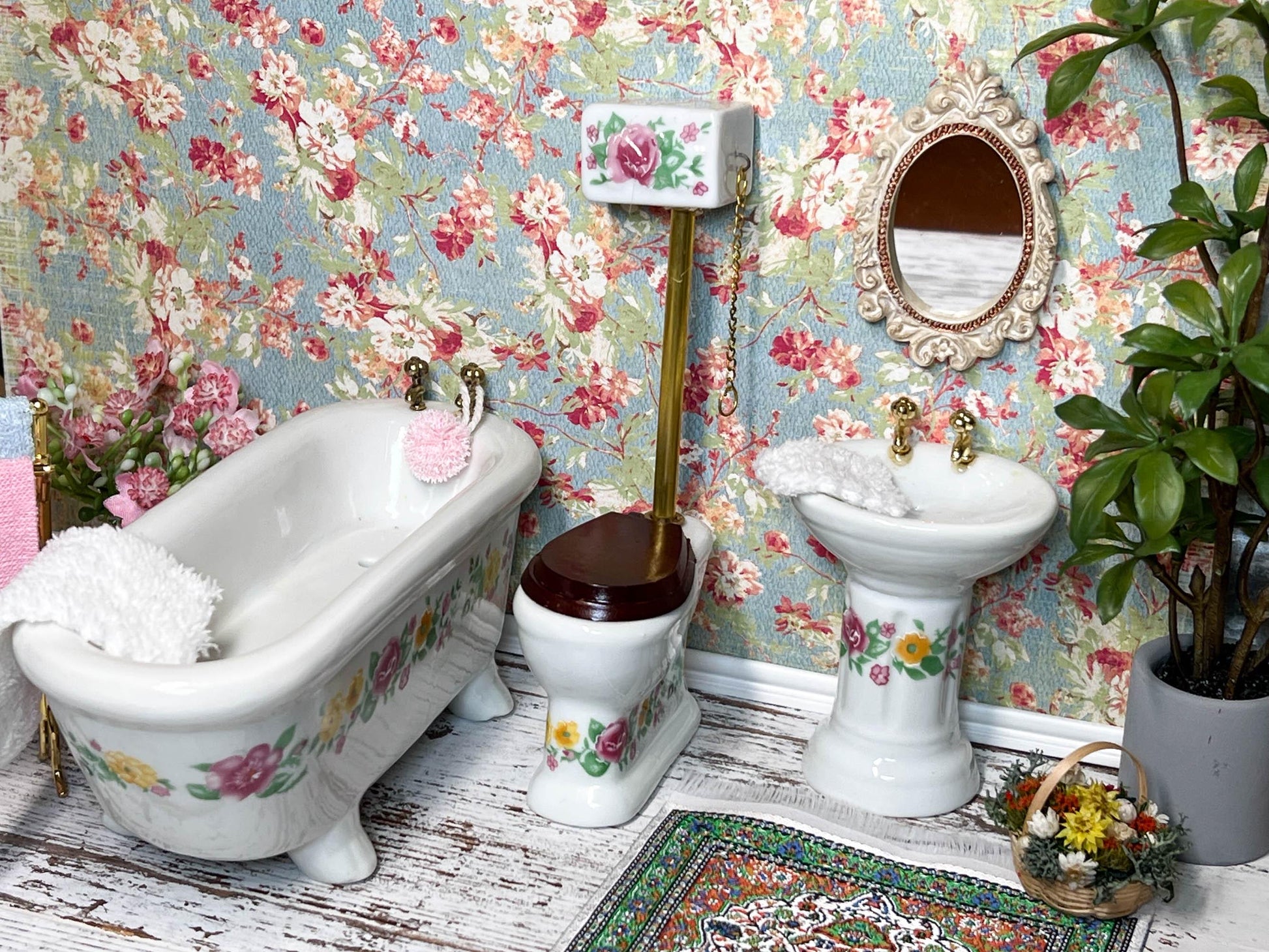 Miniature Toilet-Tub-Sink Set - 1:12 Scale - Dollhouse White Ceramic Tub, Toilet & Sink __etsy:6706894231