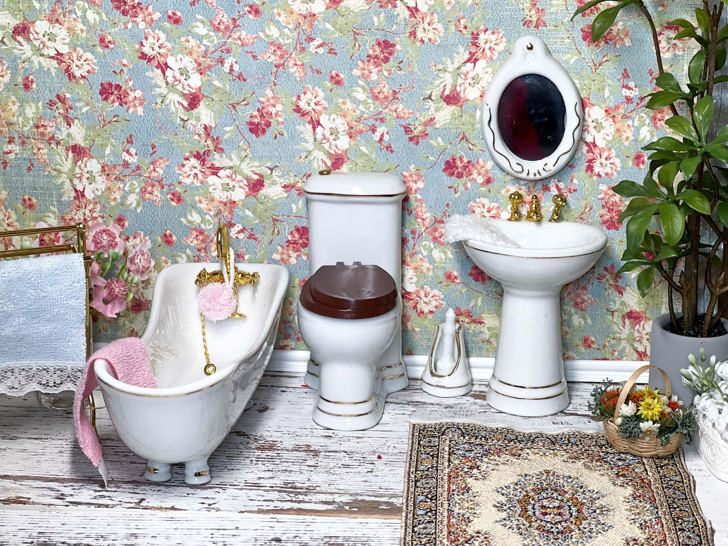 Miniature Toilet-Tub-Sink Set - 1:12 Scale - Dollhouse White Ceramic Tub, Toilet & Sink __etsy:6708330159