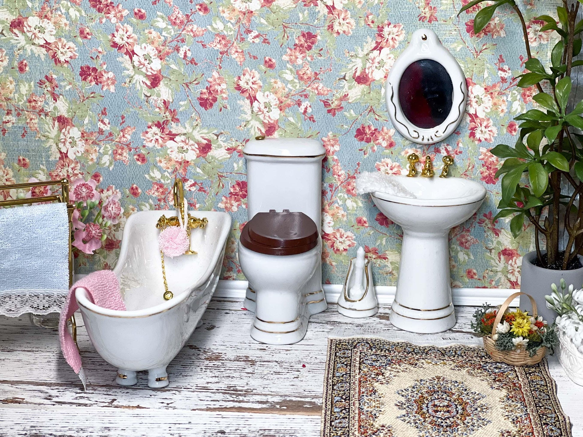 Miniature Toilet-Tub-Sink Set - 1:12 Scale - Dollhouse White Ceramic Tub, Toilet & Sink __etsy:6708330159