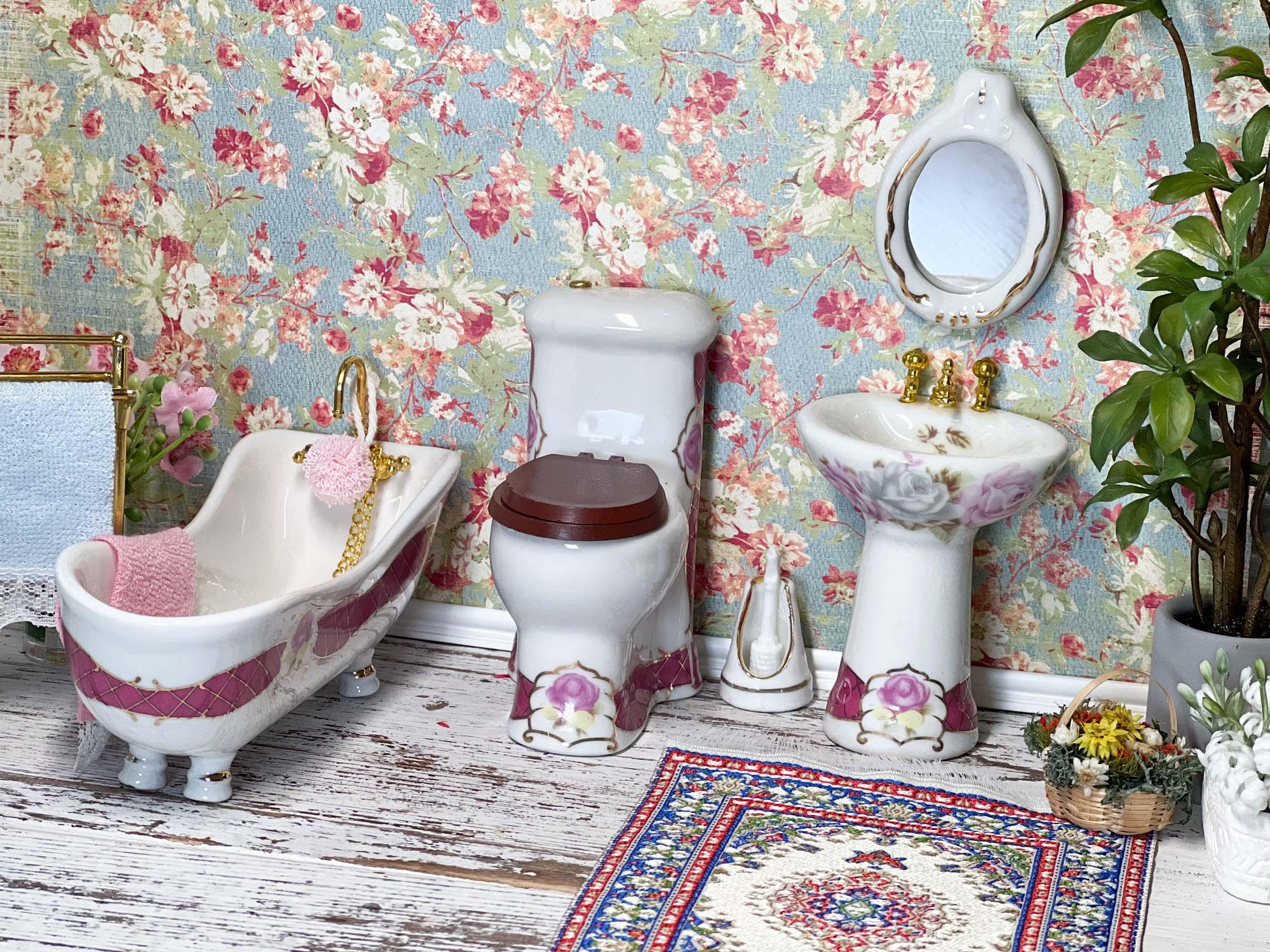 Miniature Toilet-Tub-Sink Set - 1:12 Scale - Dollhouse White Ceramic Tub, Toilet & Sink __etsy:6708520615