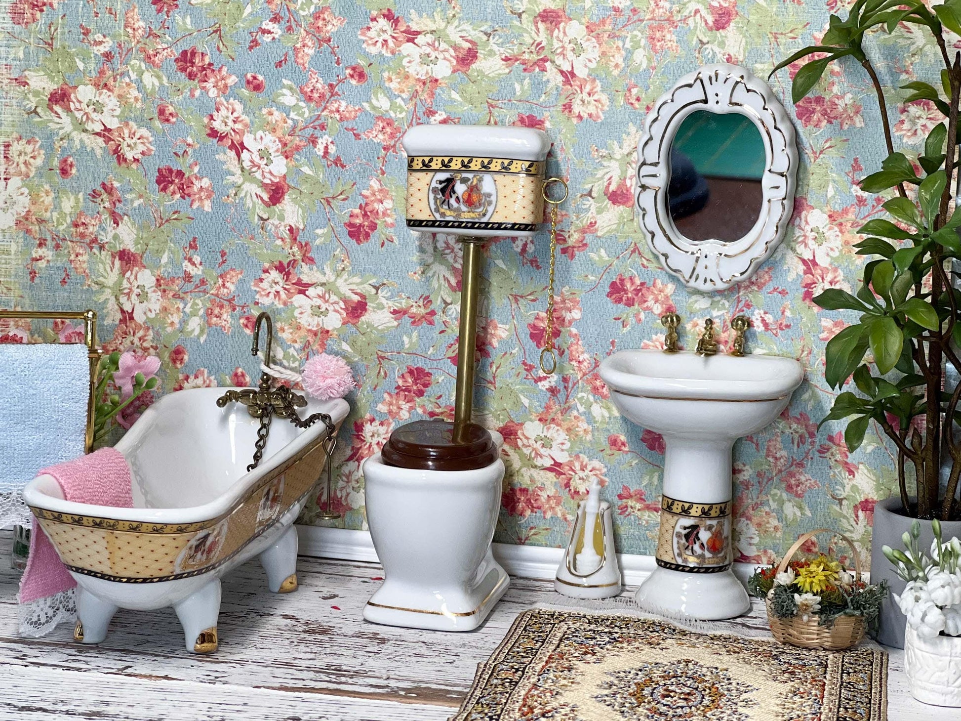 Miniature Toilet-Tub-Sink Set - 1:12 Scale - Dollhouse White Ceramic Tub, Toilet & Sink __etsy:6708721055