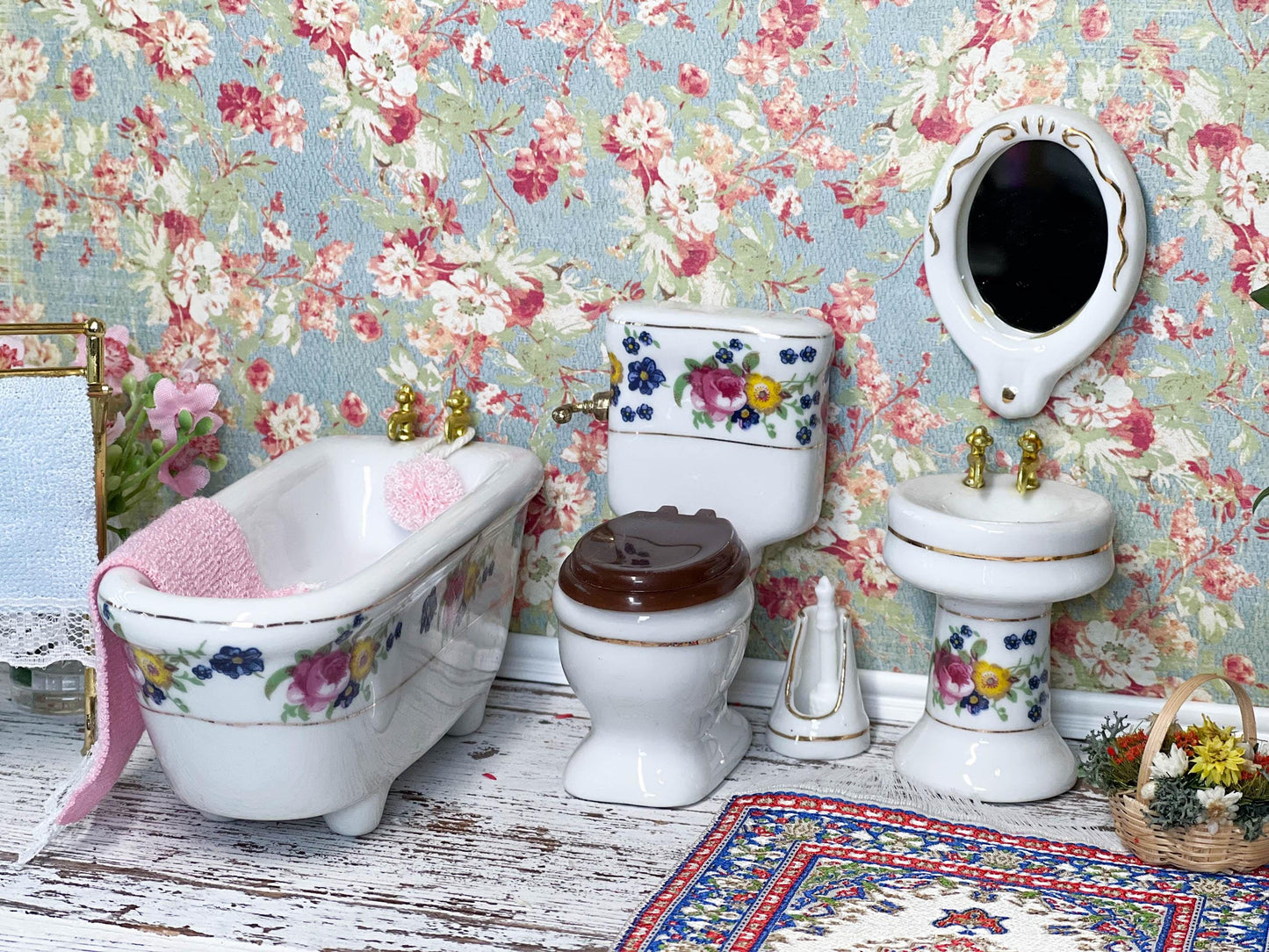 Miniature Toilet-Tub-Sink Set - 1:12 Scale - Dollhouse White Ceramic Tub, Toilet & Sink __etsy:6708987905