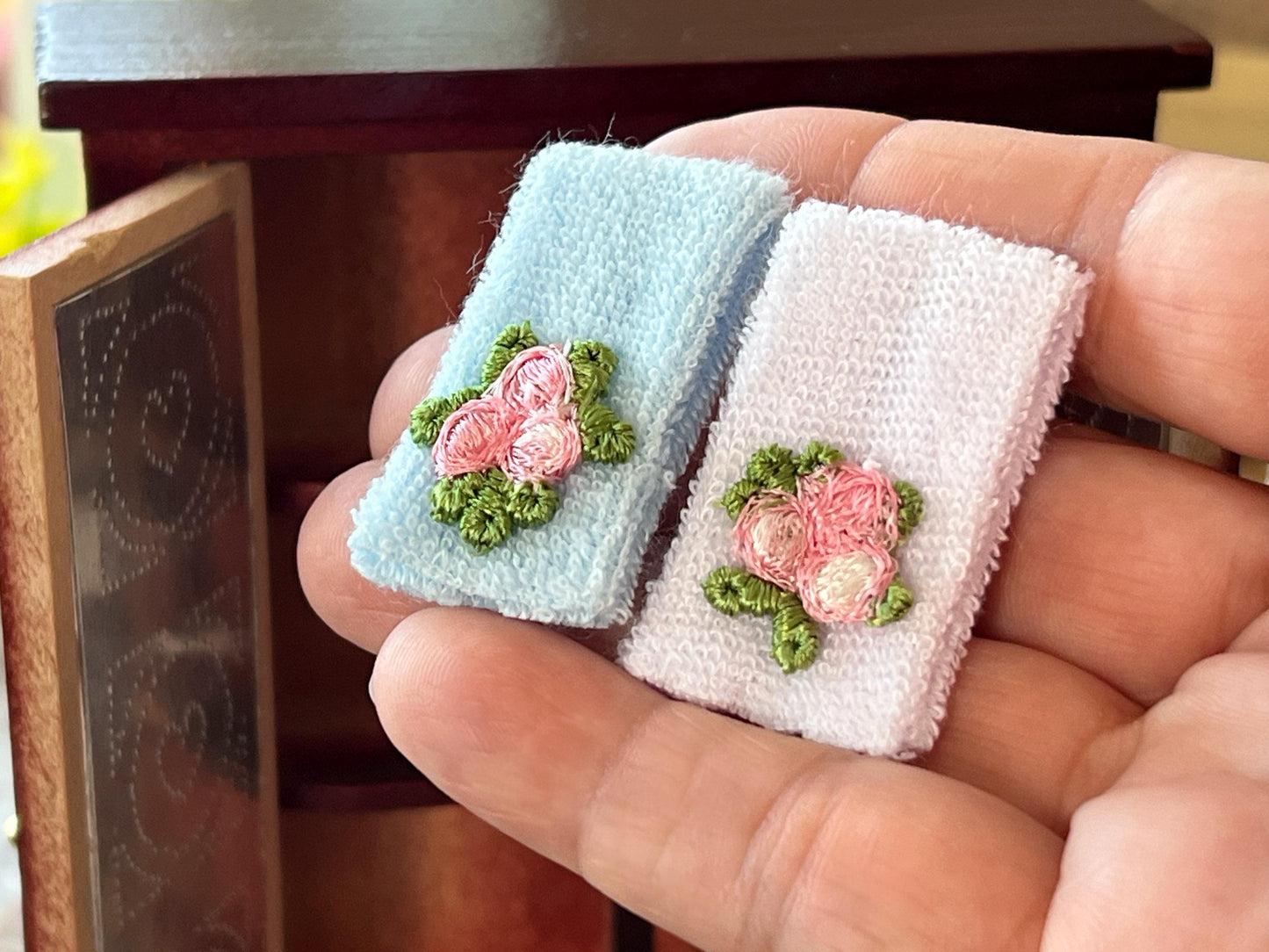 Miniature Towels 1:12 Scale - 2PC Pink and Blue Mini Towel for Dollhouse Bathroom __etsy:6801757662