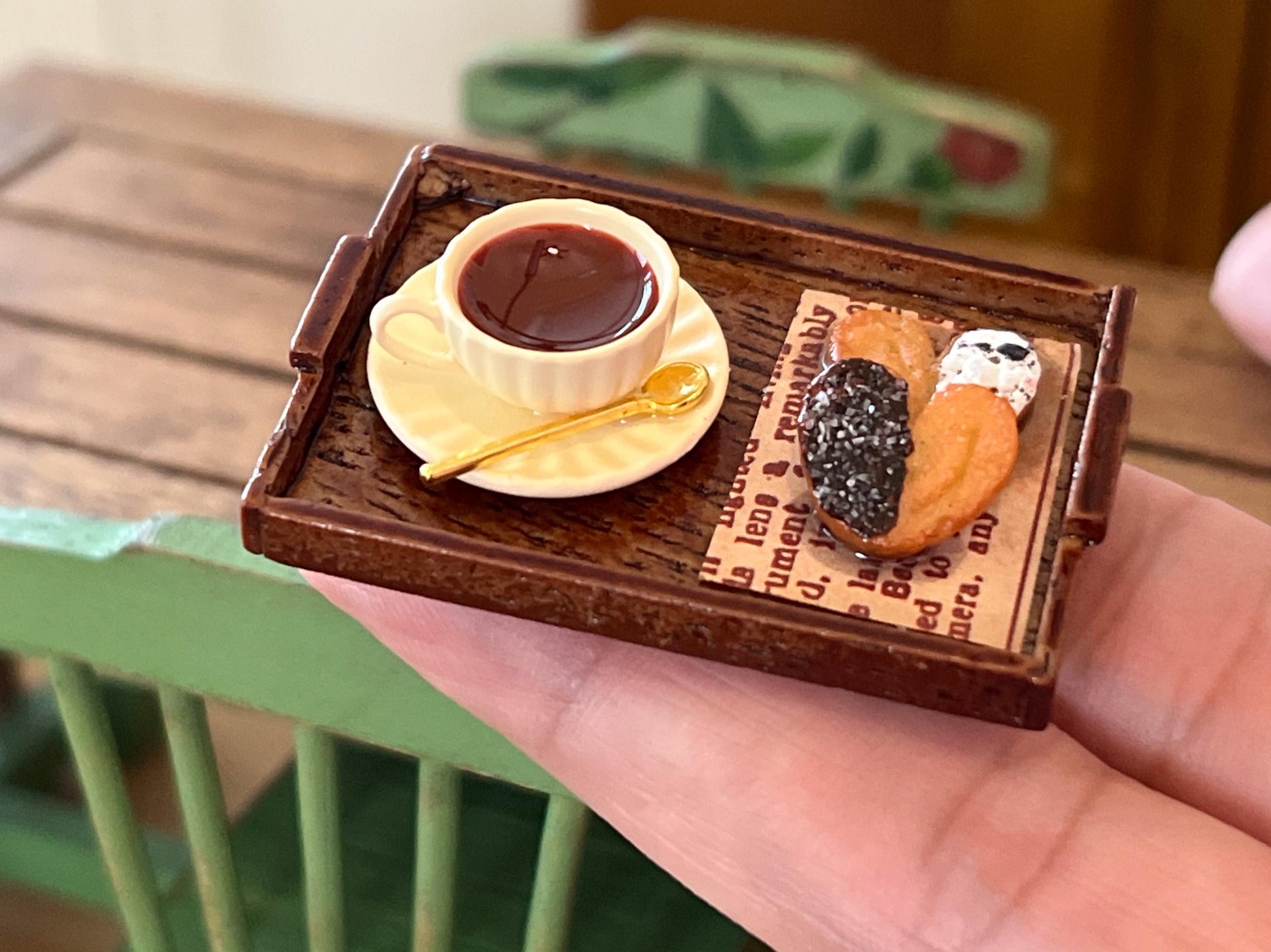 Miniature Tray with Teacup, Spoon & Palmiers – 1:12 Scale Dollhouse Food Accessory | Bakery __etsy:6442608218