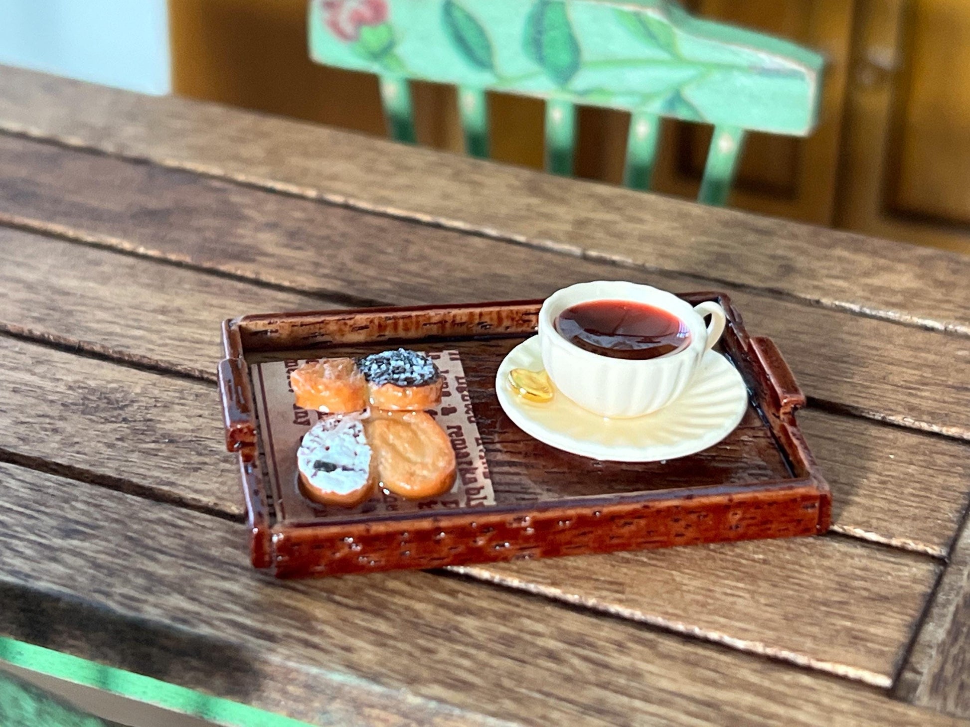 Dollhouse beautiful wooden tray with filled teacup, spoon, and two Palmiers. This tray is so Realistic! and perfectly handcrafted, use it to decor at a bakery, a sofa for your doll tv area, a bedroom. __etsy:6490708933