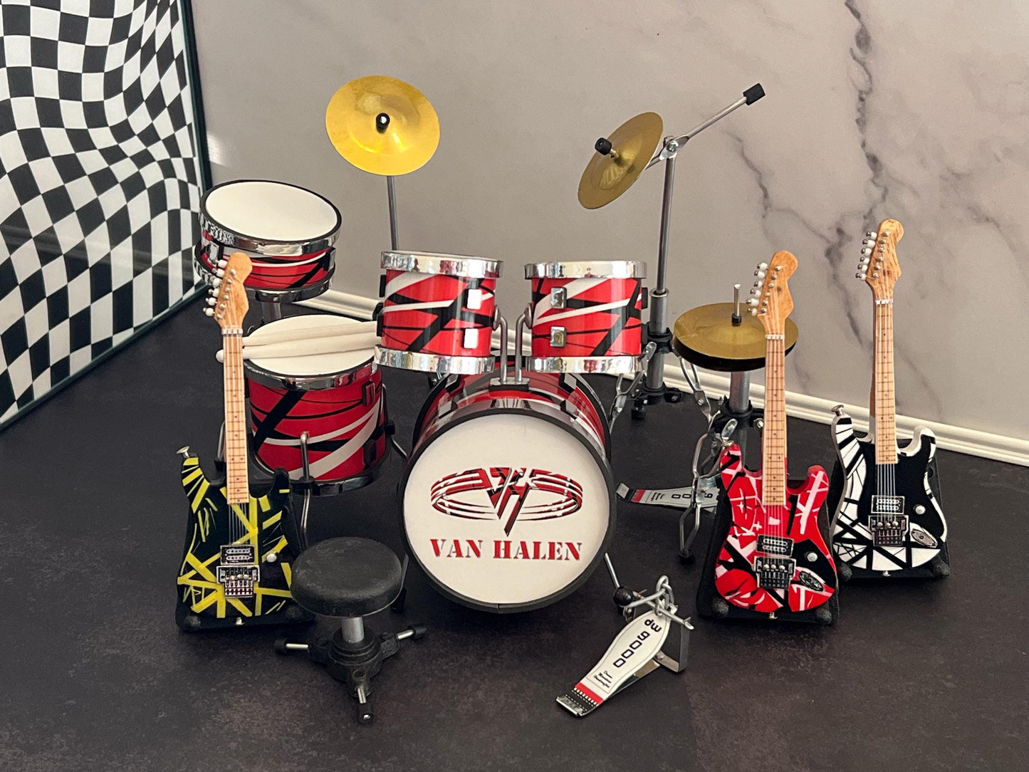 Miniature Van Halen Drum Set & Guitars - 1:12 Scale, Dollhouse Rock Collectible Drums __etsy:7969161832