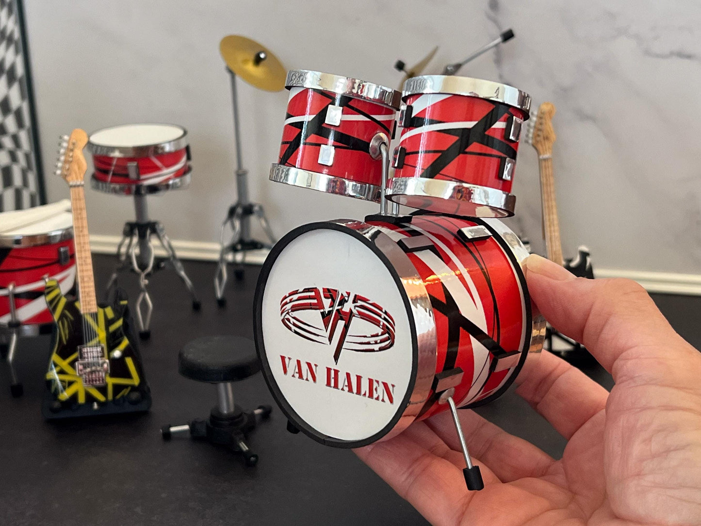 Miniature Van Halen Drum Set & Guitars - 1:12 Scale, Dollhouse Rock Collectible Drums __etsy:7969164968