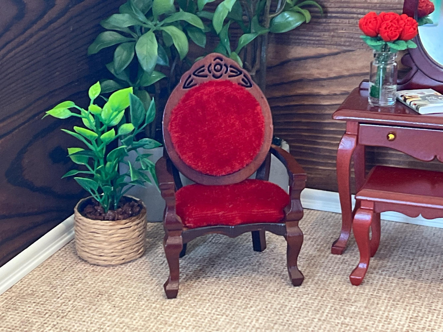 Miniature Victorian Classic Chair 1:12 Scale –  Dollhouse Wood Frame and Red Velvet Chair __etsy:6372915604