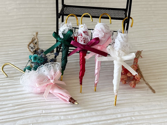 Miniature Victorian Parasol - 1:12 Fabric, Dollhouse Umbrella with Lace, and Satin Bow __etsy:6028517562