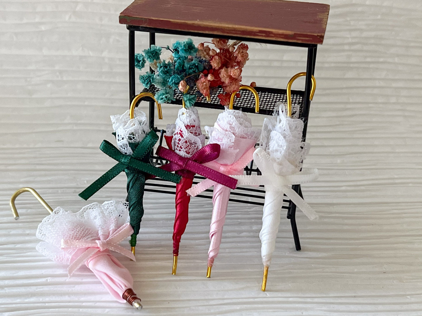 Miniature Victorian Parasol - 1:12 Fabric, Dollhouse Umbrella with Lace, and Satin Bow __etsy:6028517560
