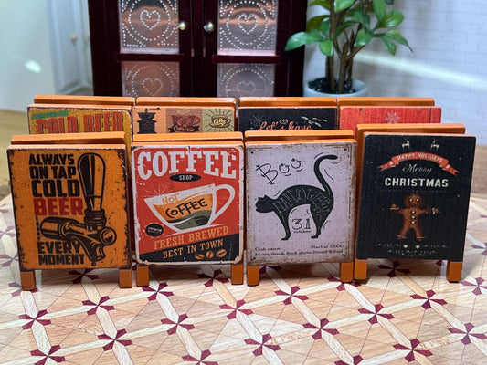 Miniature Vintage Wooden Signboards – 1:12 Scale Dollhouse Coffee Shop, Holiday, and Pub Signs __etsy:6361192856