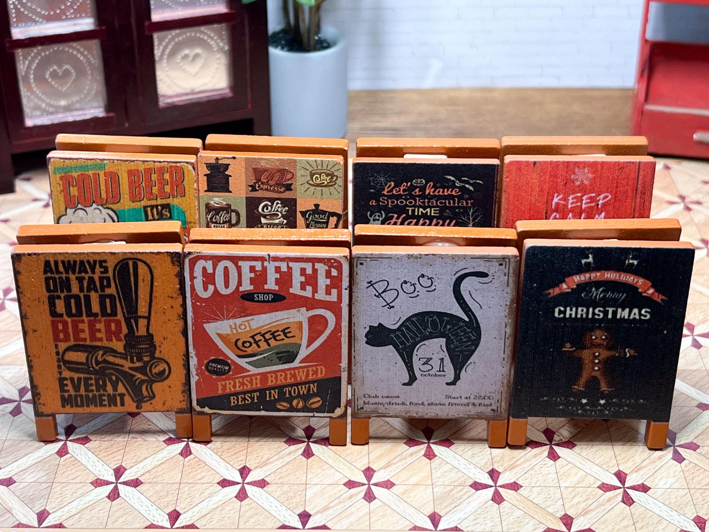 Miniature Vintage Wooden Signboards – 1:12 Scale Dollhouse Coffee Shop, Holiday, and Pub Signs __etsy:6361192662