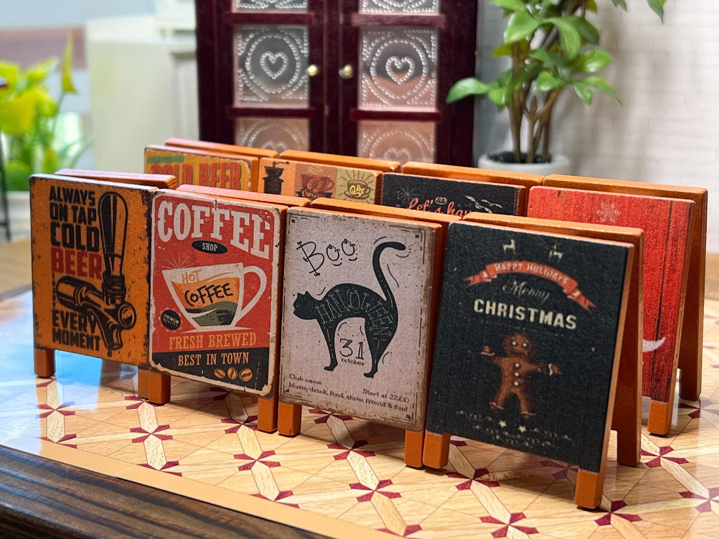 Miniature Vintage Wooden Signboards – 1:12 Scale Dollhouse Coffee Shop, Holiday, and Pub Signs __etsy:6361192872