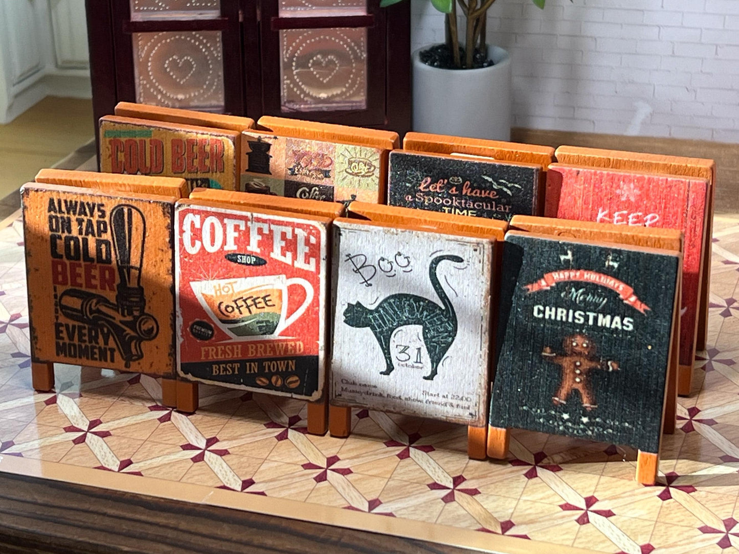 Miniature Vintage Wooden Signboards – 1:12 Scale Dollhouse Coffee Shop, Holiday, and Pub Signs __etsy:6361192868