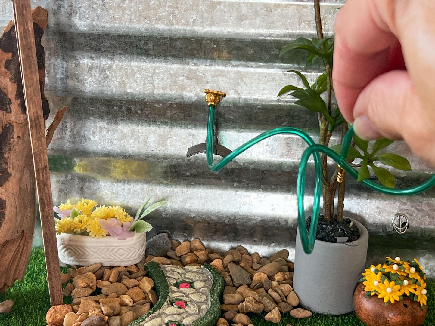 Miniature Wall Mount Water Hose-1:12 Scale – Dollhouse Green Hose with Spout & Holder __etsy:7168407353