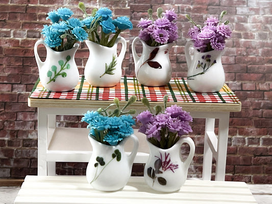 Miniature White Ceramic Vase, 1:6 Scale – Dollhouse Decor with Purple or Blue Flowers __etsy:5612714923