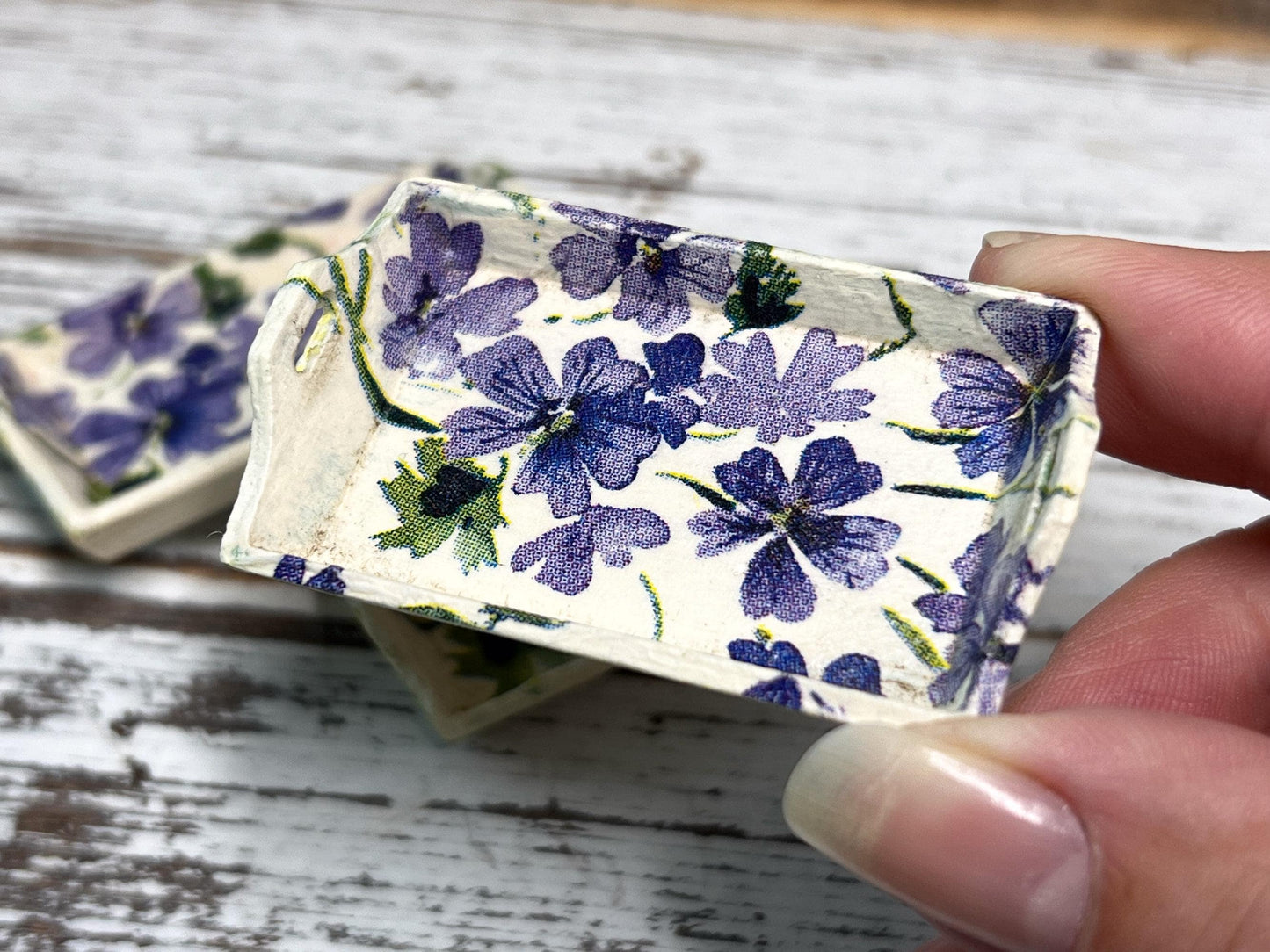 Miniature White Wooden Tray 1:12 Scale –  Dollhouse Kitchen & Shabby Chic Decor Puple Decoupage __etsy:6865868971