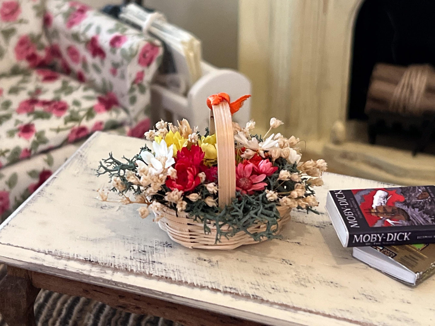 Miniature Wicker Basket 1:12 Scale - Dollhouse Handcrafted Basket with Dried Flowers __etsy:6913166581