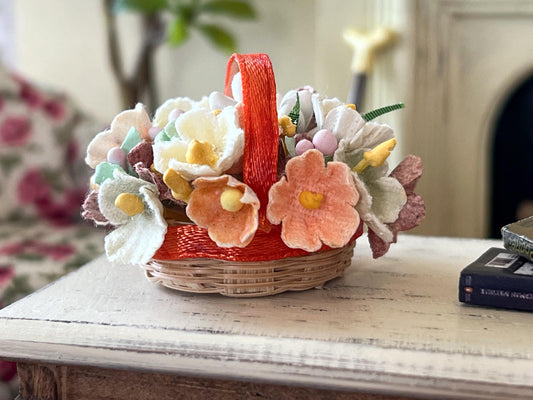 Miniature Wicker Basket 1:12 Scale -Dollhouse Spring Decor with Paper Flowers __etsy:6897901129