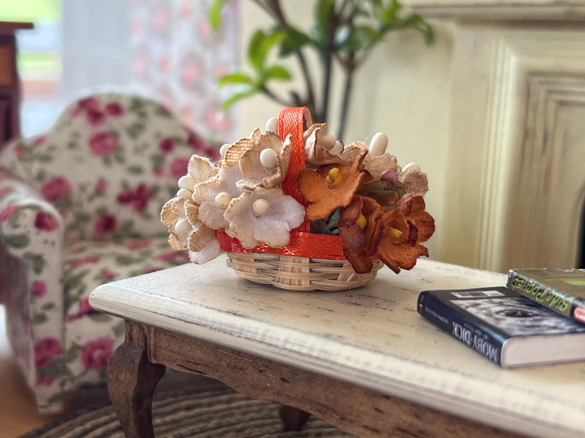 Miniature Wicker Basket 1:12 Scale -Dollhouse Spring Decor with Paper Flowers __etsy:6849928112