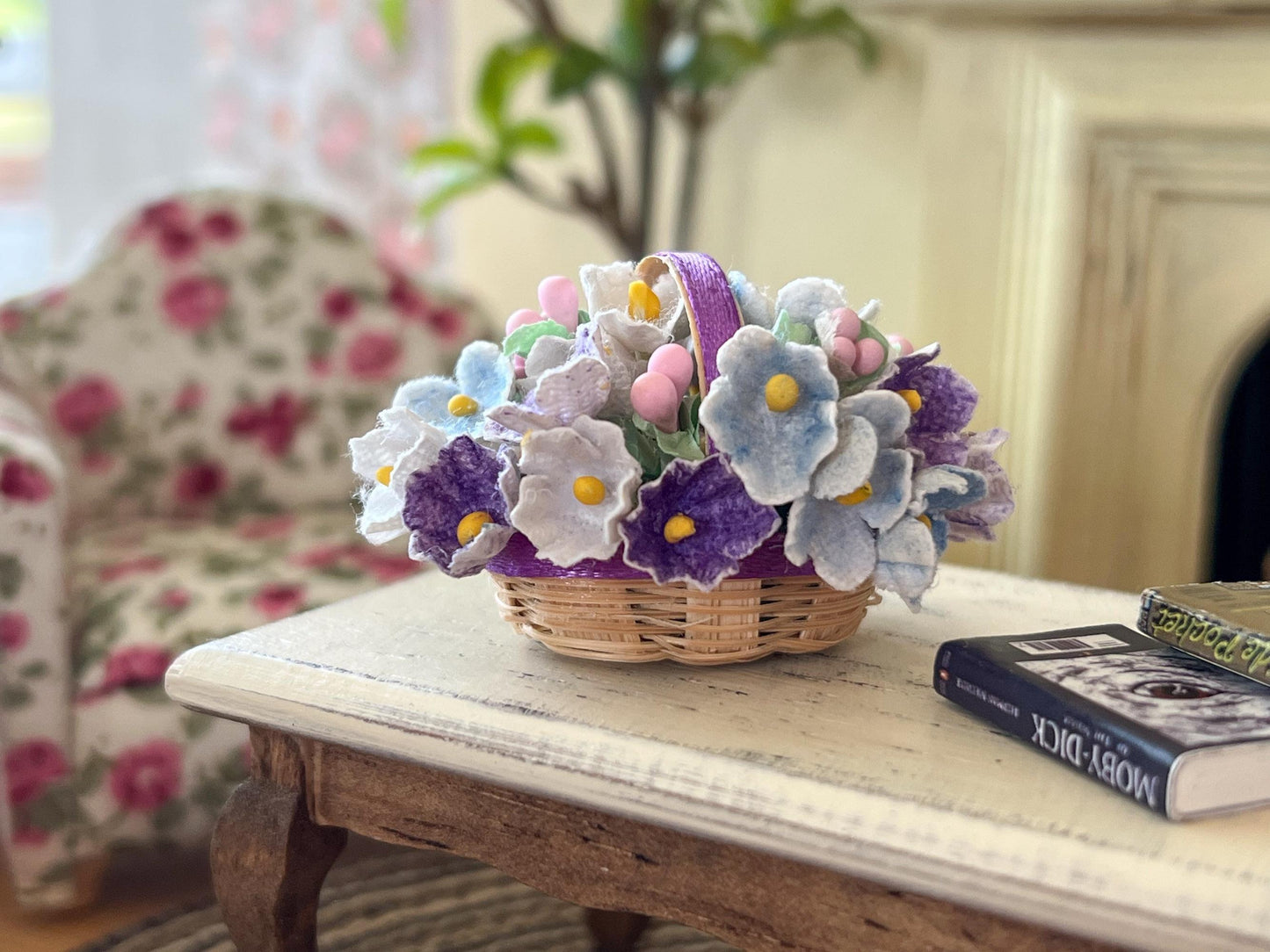 Miniature Wicker Basket 1:12 Scale -Dollhouse Spring Decor with Paper Flowers __etsy:6849929994