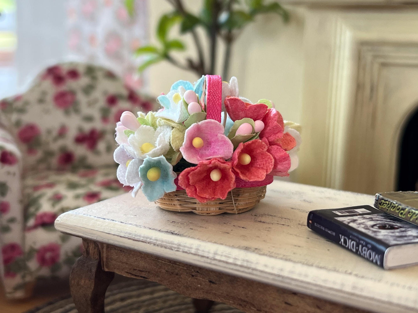 Miniature Wicker Basket 1:12 Scale -Dollhouse Spring Decor with Paper Flowers __etsy:6849928132