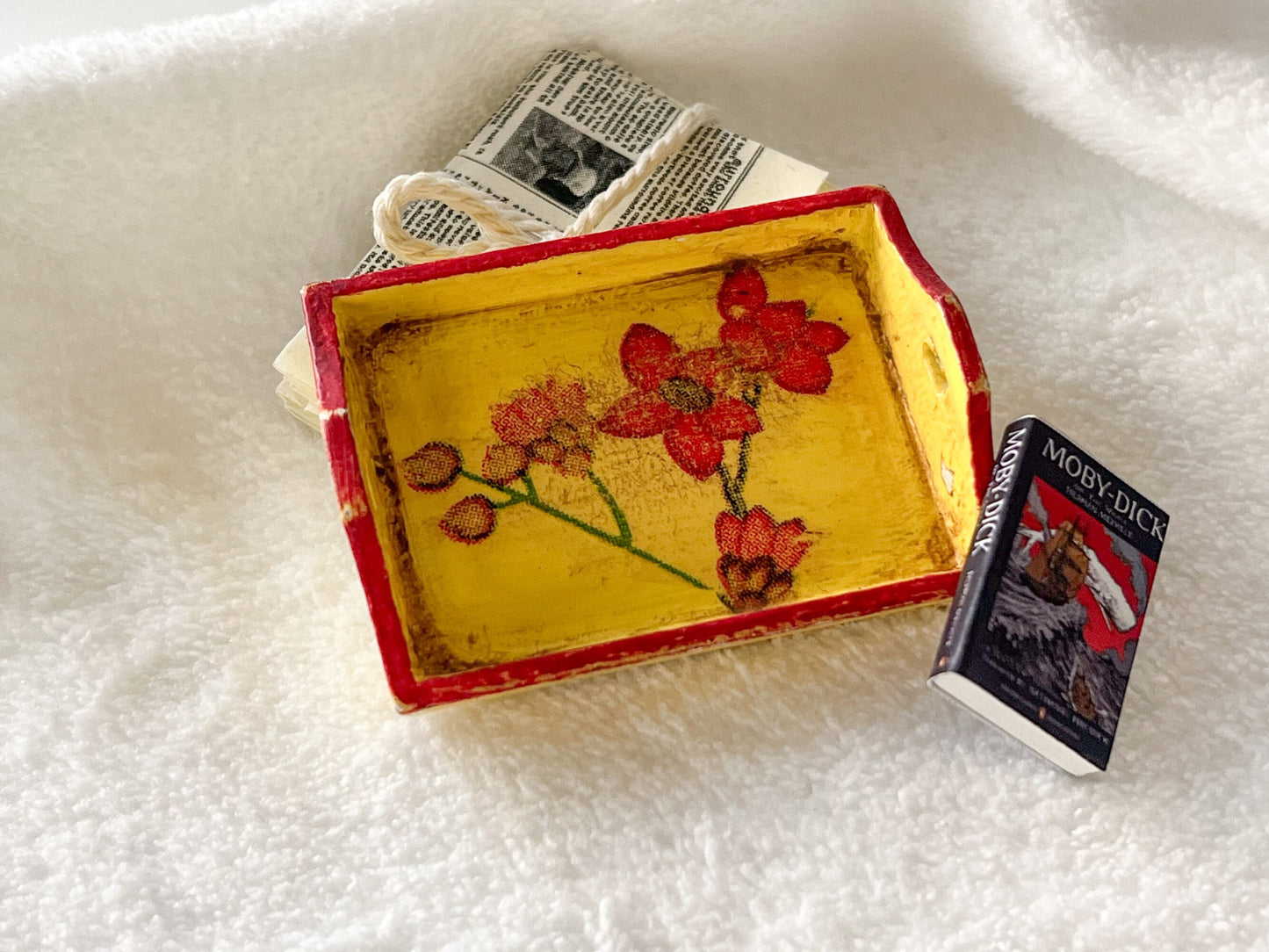 Miniature Wood Serving Tray 1:12 Scale - Dollhouse Yellow Tray with Red Trim & Flowers __etsy:5492966849