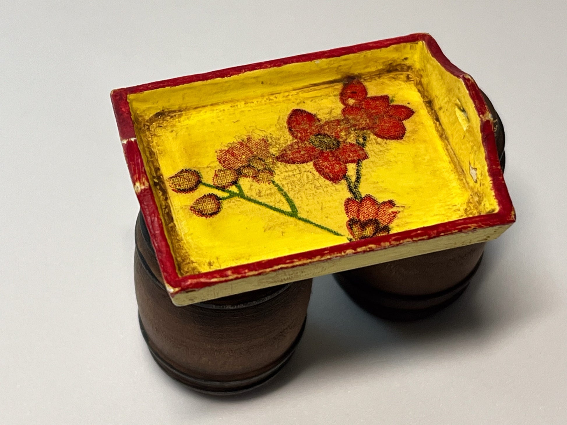 Miniature Wood Serving Tray 1:12 Scale - Dollhouse Yellow Tray with Red Trim & Flowers __etsy:5492946107