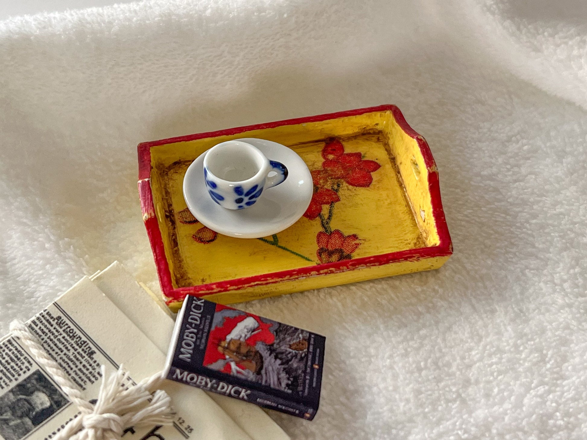 Miniature Wood Serving Tray 1:12 Scale - Dollhouse Yellow Tray with Red Trim & Flowers __etsy:5444834464