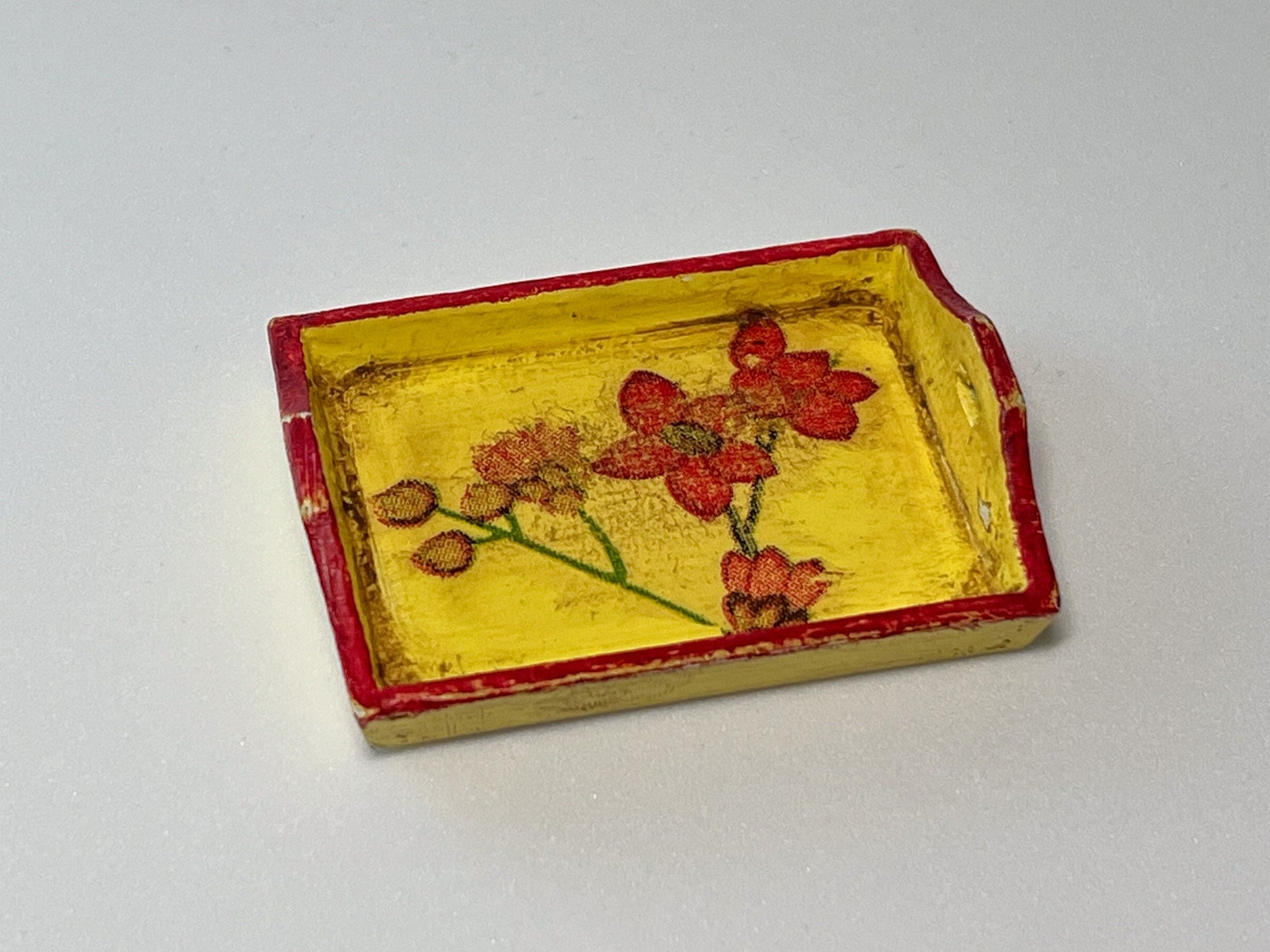 Miniature Wood Serving Tray 1:12 Scale - Dollhouse Yellow Tray with Red Trim & Flowers __etsy:5444814384