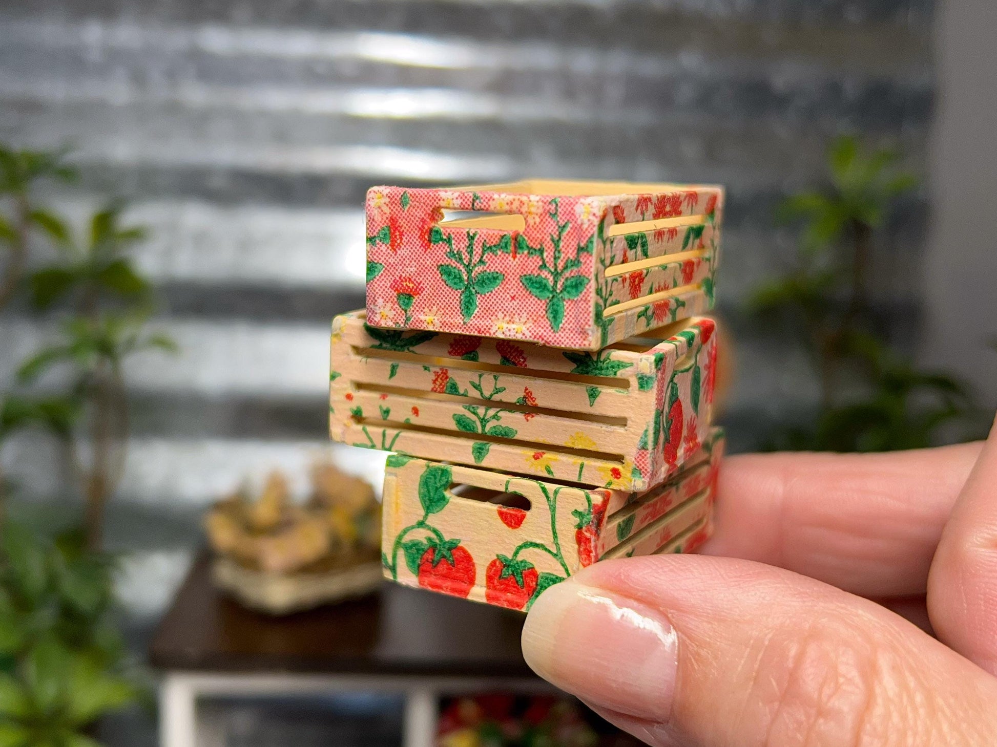 Miniature Wood Storage Box | 1:12  | 1PC Dollhouse Kitchen Strawberry Design Crate Decor __etsy:7654572030