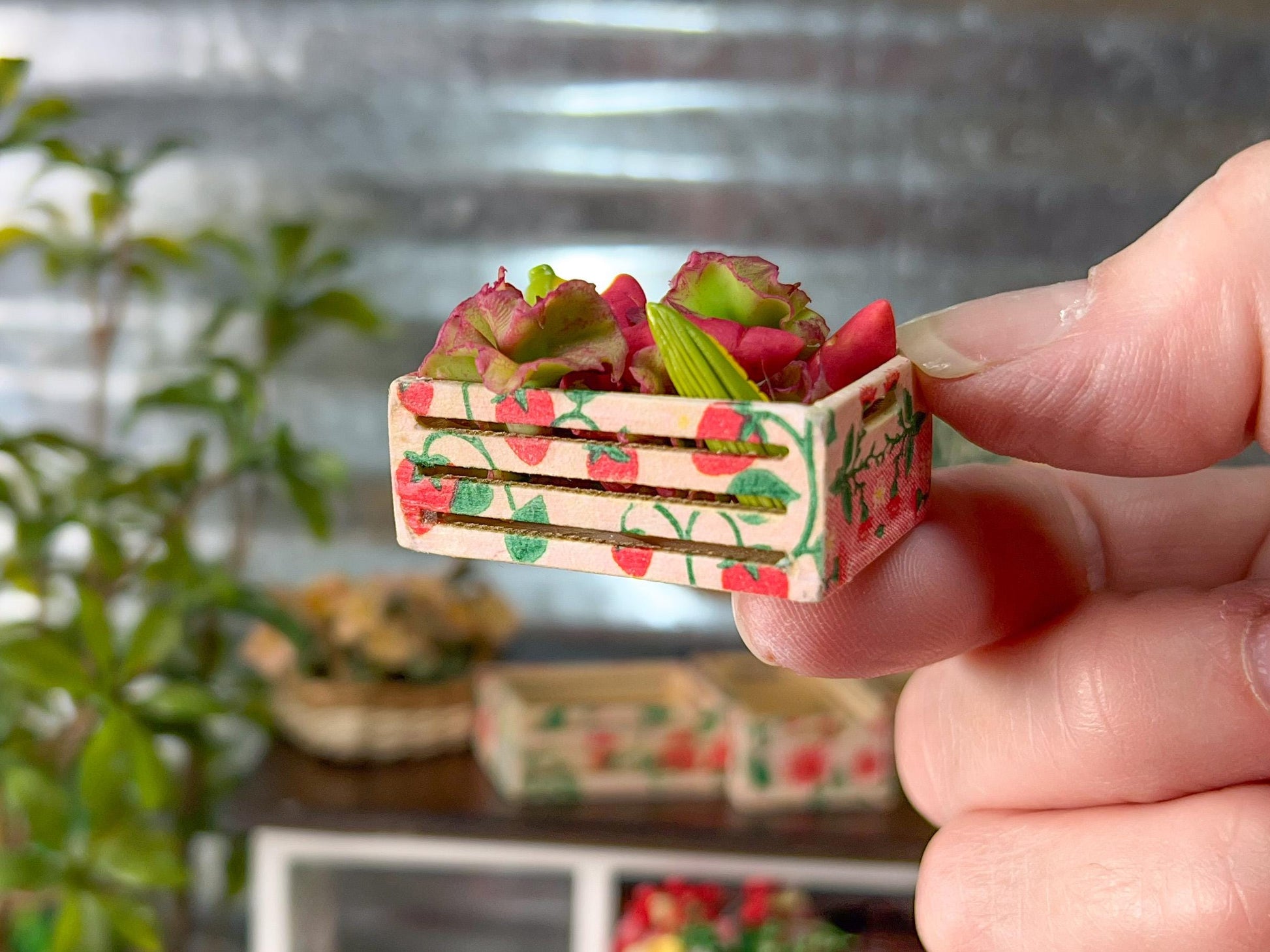 Miniature Wood Storage Box | 1:12  | 1PC Dollhouse Kitchen Strawberry Design Crate Decor __etsy:7654572048