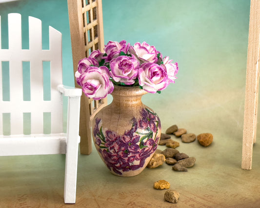 Miniature Wood Vase 1:6 Scale, Dollhouse Table Decor with Purple Paper Roses __etsy:5379787251