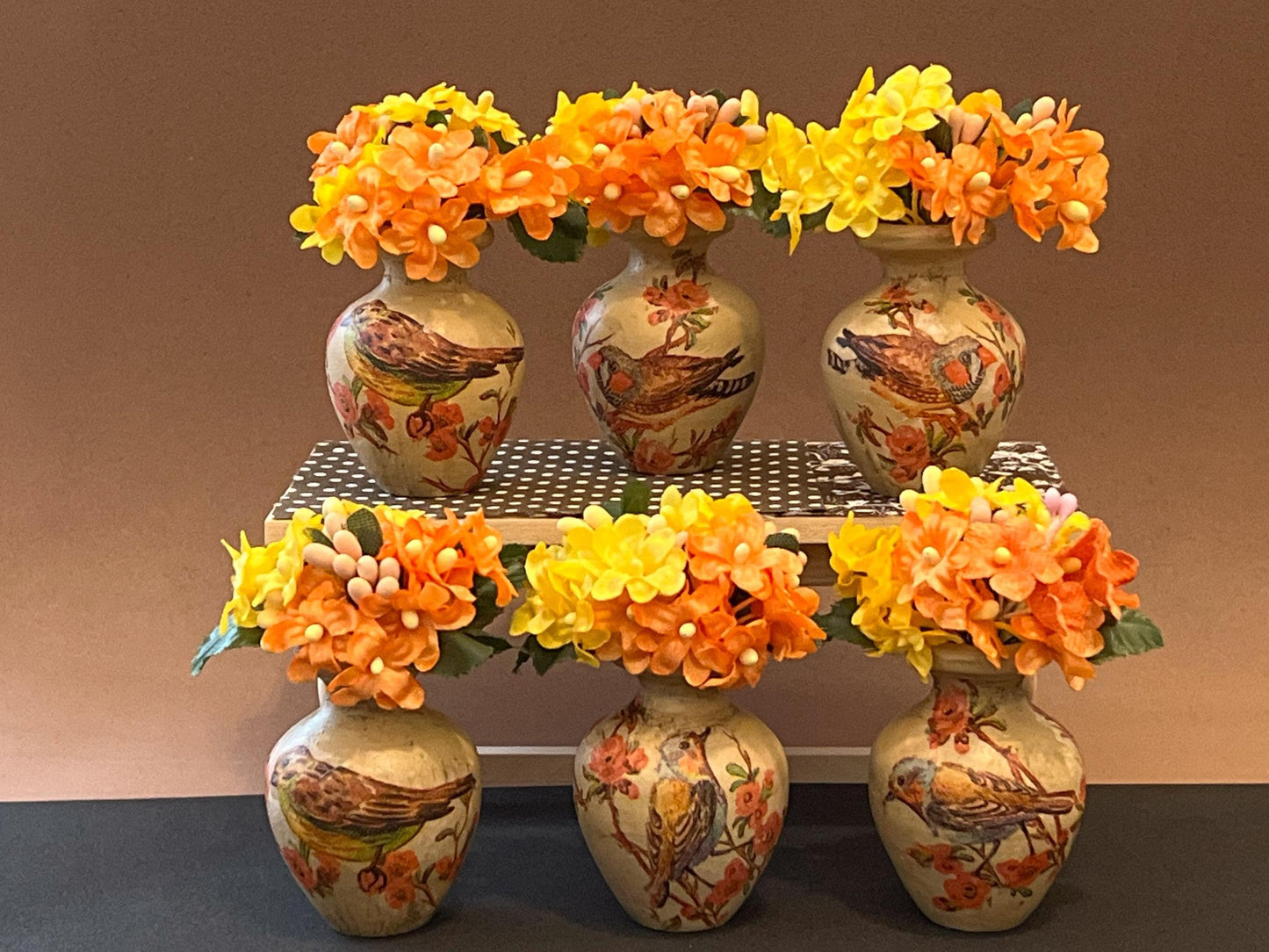 Enhance your 1:6 scale dollhouse decor with this handcrafted clear wood vase, adorned with decoupage paper and silk orange and yellow flowers. Place it by a front door, on a bedroom dresser, or as a dining table centerpiece. __etsy:6623042988