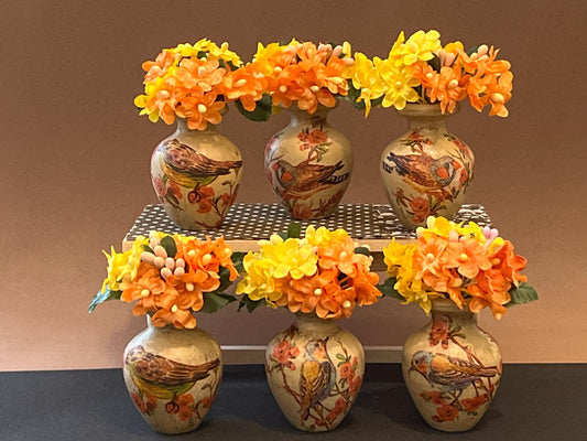 Enhance your 1:6 scale dollhouse decor with this handcrafted clear wood vase, adorned with decoupage paper and silk orange and yellow flowers. Place it by a front door, on a bedroom dresser, or as a dining table centerpiece. __etsy:6623042988